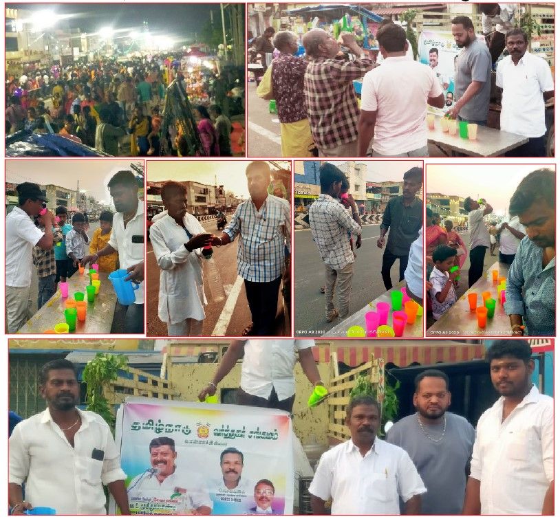 பொள்ளாச்சி மாரியம்மன் கோவில் திருவிழாவை முன்னிட்டு தமிழ்நாடு வர்த்தகர் சங்கமத்தின்  சார்பில் 3000  பக்தர்களுக்கு  குளிர் பானம்  வழங்கல்